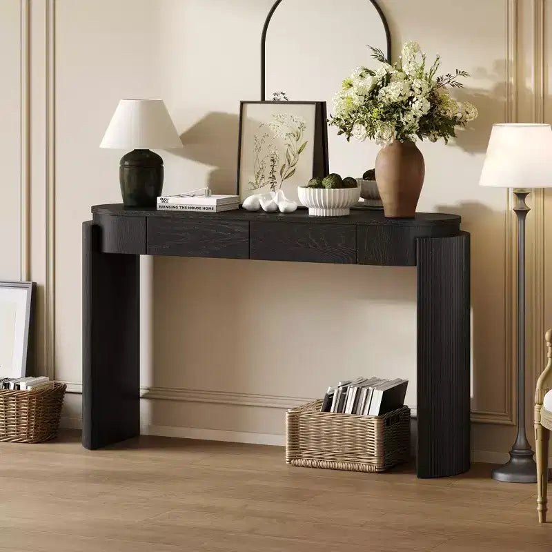 MAYEERTY Console avec plateau ovale en bois naturel et design cannelé, 2 tiroirs pour entrée et salon, noir