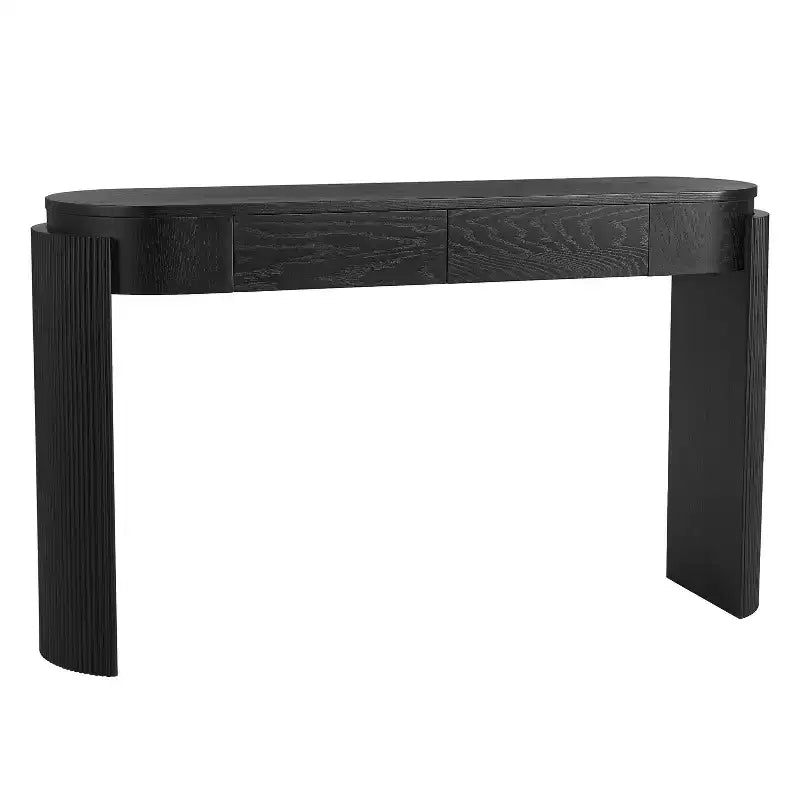 MAYEERTY Console avec plateau ovale en bois naturel et design cannelé, 2 tiroirs pour entrée et salon, noir