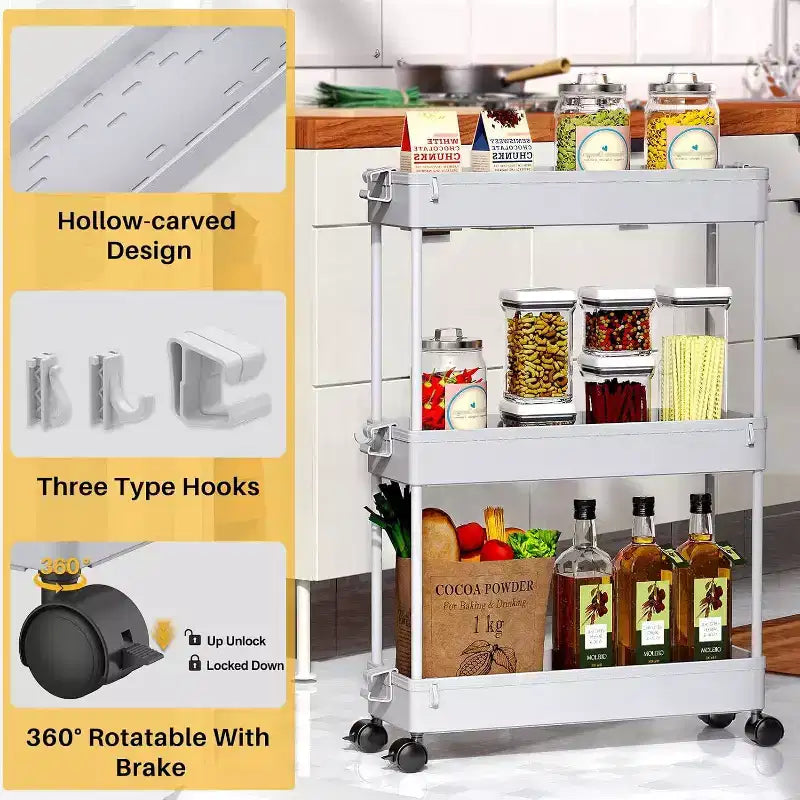 Chariot de rangement roulant mince à 3 niveaux Tree City - Organisateur mobile multifonctionnel pour salle de bain, cuisine