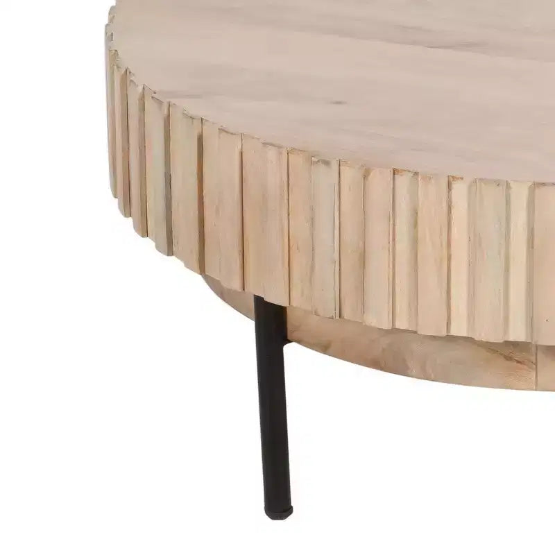 Royal Hampton, Table basse ronde moderne artisanale en chêne, plateau en bois blanc avec bords rainurés, pieds en fer noir, 91 cm