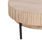 Royal Hampton, Table basse ronde moderne artisanale en chêne, plateau en bois blanc avec bords rainurés, pieds en fer noir, 91 cm