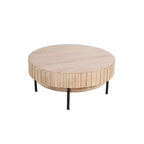 Royal Hampton, Table basse ronde moderne artisanale en chêne, plateau en bois blanc avec bords rainurés, pieds en fer noir, 91 cm