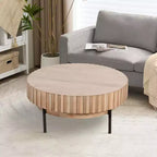 Royal Hampton, Table basse ronde moderne artisanale en chêne, plateau en bois blanc avec bords rainurés, pieds en fer noir, 91 cm