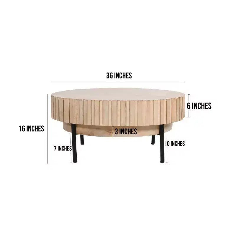 Royal Hampton, Table basse ronde moderne artisanale en chêne, plateau en bois blanc avec bords rainurés, pieds en fer noir, 91 cm