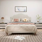 Queen/King Size Upholstered Platform Bed Frame with Adjustable Headboard, Linen Fabric Padded, No Box Spring Needed, Beige-ModernLuxe