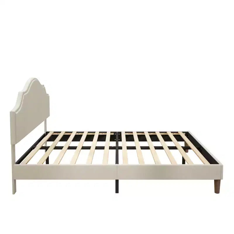 Cadre de lit plateforme rembourré Queen/King Size avec tête de lit réglable, tissu de lin capitonné, pas besoin de sommier tapissier, beige-ModernLuxe