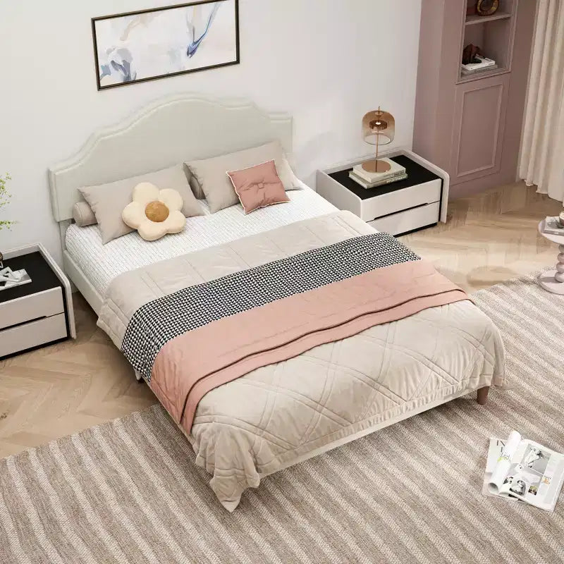 Cadre de lit plateforme rembourré Queen/King Size avec tête de lit réglable, tissu de lin capitonné, pas besoin de sommier tapissier, beige-ModernLuxe