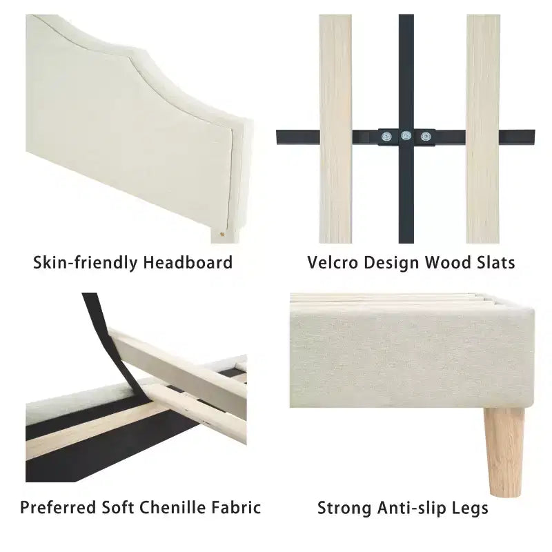 Cadre de lit plateforme rembourré Queen/King Size avec tête de lit réglable, tissu de lin capitonné, pas besoin de sommier tapissier, beige-ModernLuxe