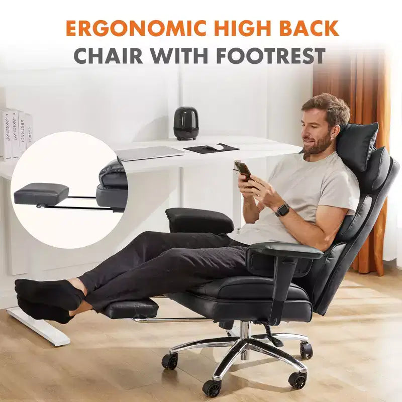 Fauteuil de bureau de direction Bestier, fauteuil de bureau en cuir PU grand et haut avec repose-pieds et soutien lombaire, hauteur inclinable réglable