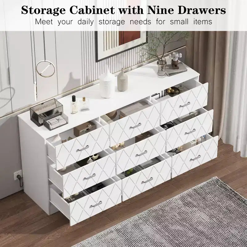 Commode à 9 tiroirs pour chambre à coucher, commode moderne avec prise électrique, grands tiroirs, pour salon, couloir