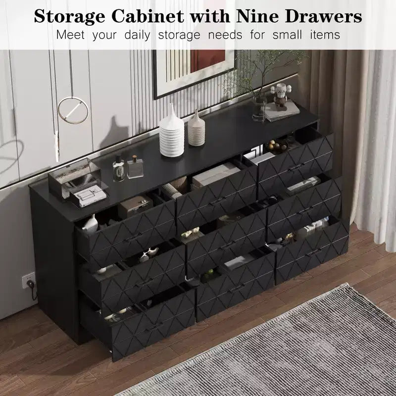 Commode à 9 tiroirs pour chambre à coucher, commode moderne avec prise électrique, grands tiroirs, pour salon, couloir