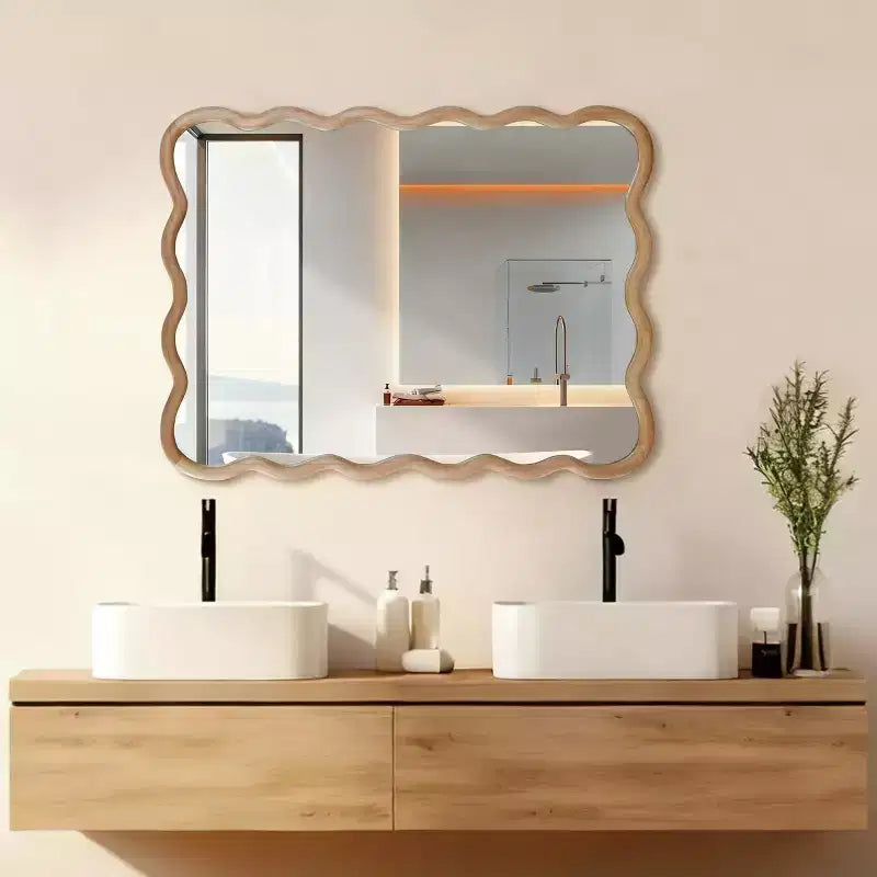 MAYEERTY Miroir décoratif 30 x 40 Cadre en bois massif Rectangle ondulé pour Chambre Salle de bain Salon Bois naturel