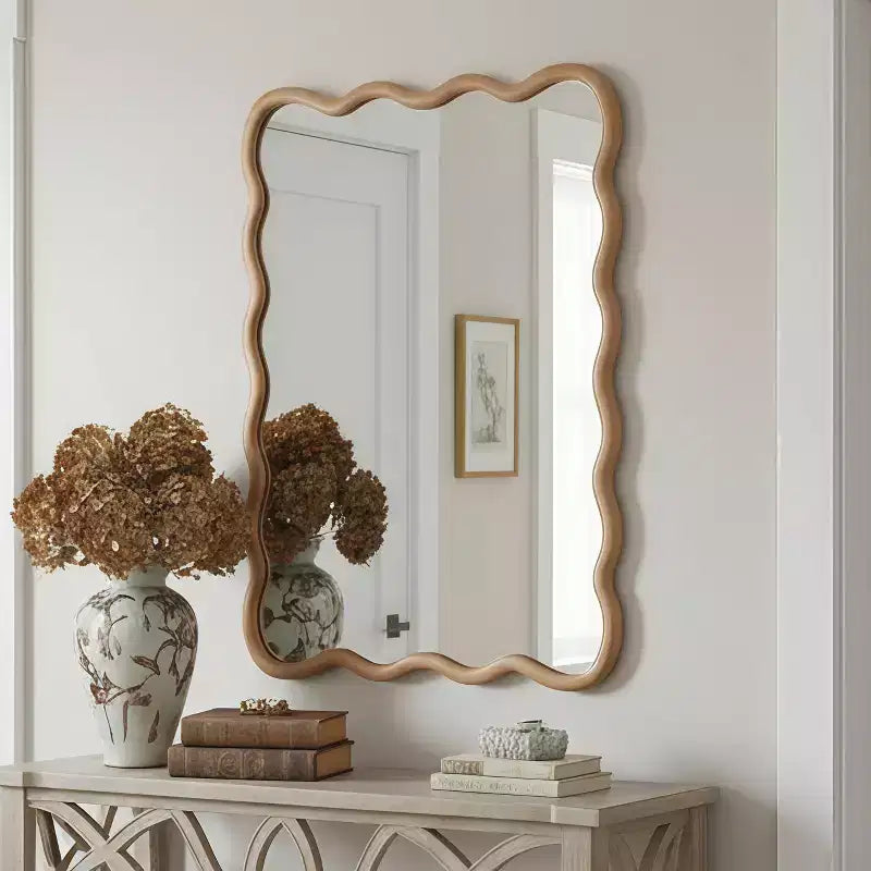 MAYEERTY Miroir décoratif 30 x 40 Cadre en bois massif Rectangle ondulé pour Chambre Salle de bain Salon Bois naturel