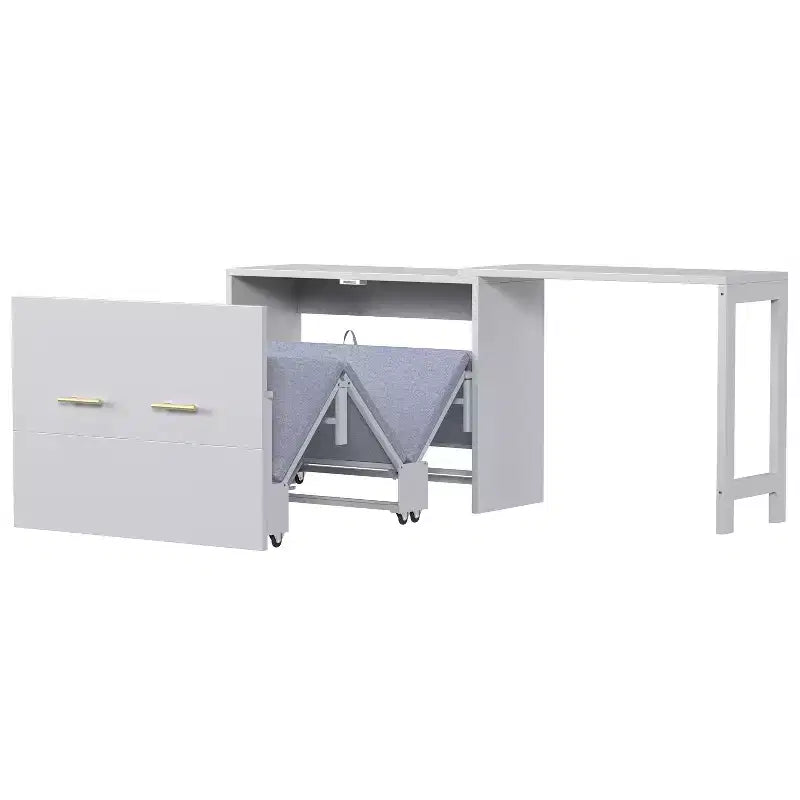 Lit escamotable format jumeau avec coussin pliable, lit coffre escamotable peu encombrant avec bureau à position réglable, Blanc/Gris - ModernLuxe