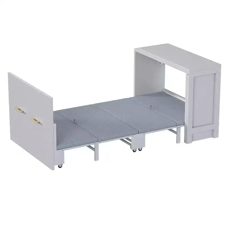 Lit escamotable format jumeau avec coussin pliable, lit coffre escamotable peu encombrant avec bureau à position réglable, Blanc/Gris - ModernLuxe
