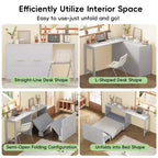 Lit escamotable format jumeau avec coussin pliable, lit coffre escamotable peu encombrant avec bureau à position réglable, Blanc/Gris - ModernLuxe