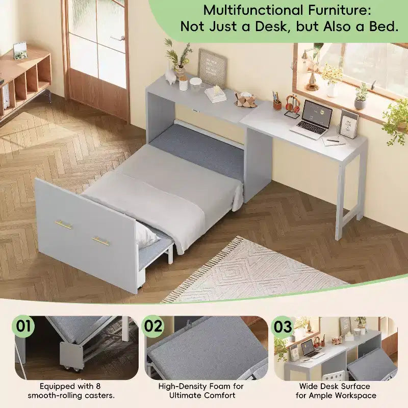 Lit escamotable format jumeau avec coussin pliable, lit coffre escamotable peu encombrant avec bureau à position réglable, Blanc/Gris - ModernLuxe