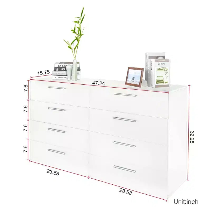 Commode Karl Home à 8 tiroirs en panneaux de particules blancs de 120 cm de large