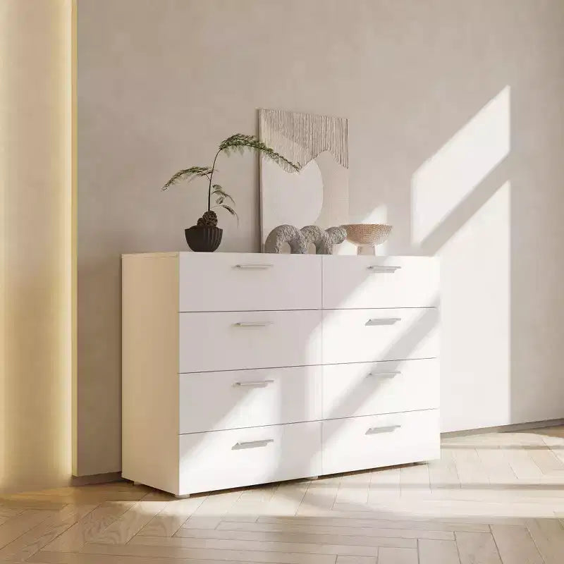 Commode Karl Home à 8 tiroirs en panneaux de particules blancs de 120 cm de large