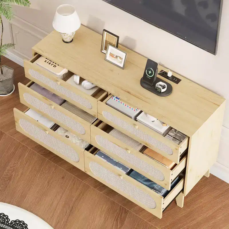 Commode de rangement de chambre à coucher, commode de placard moderne et naturelle avec poignées et pieds en bois, équipée de kits anti-basculement