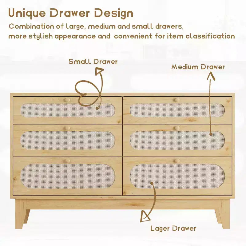 Commode de rangement de chambre à coucher, commode de placard moderne et naturelle avec poignées et pieds en bois, équipée de kits anti-basculement