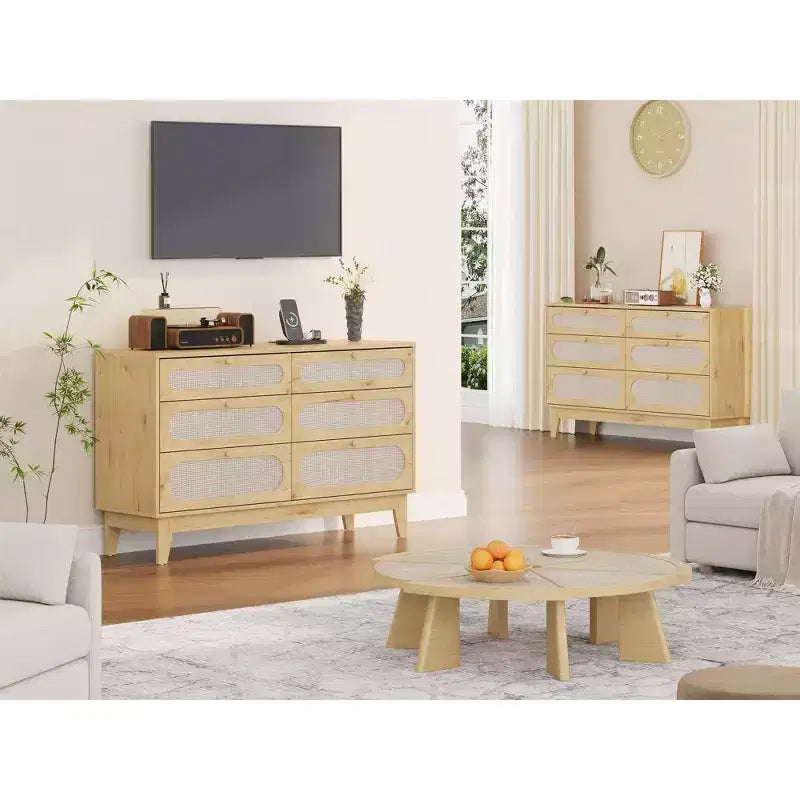 Commode de rangement de chambre à coucher, commode de placard moderne et naturelle avec poignées et pieds en bois, équipée de kits anti-basculement