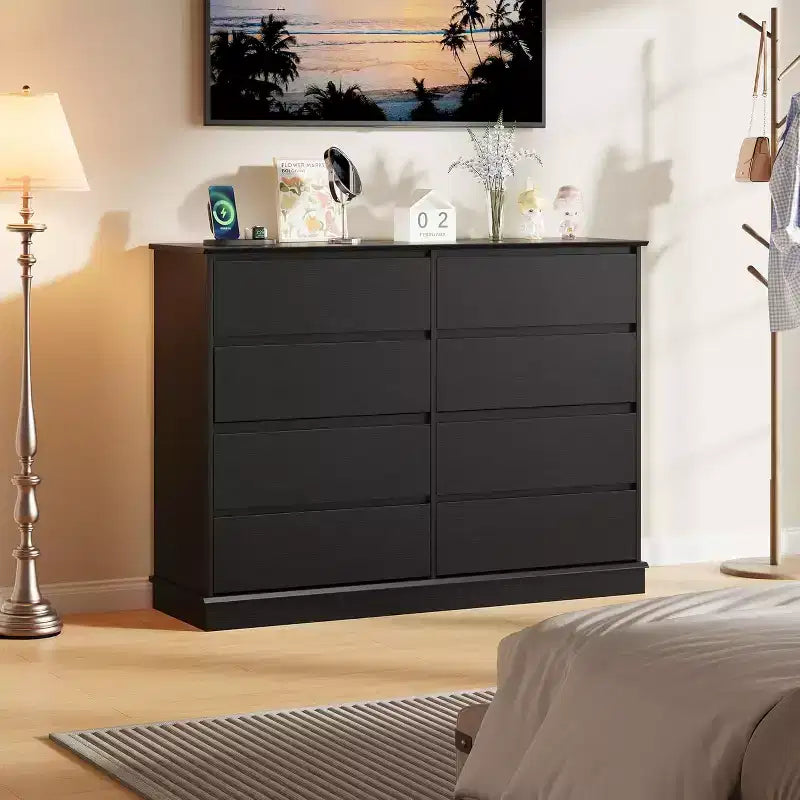 CuisinSmart Commode 8 tiroirs pour chambre à coucher, Commode avec tiroirs profonds, Commode horizontale en bois pour salon, couloir, chambre d'enfant