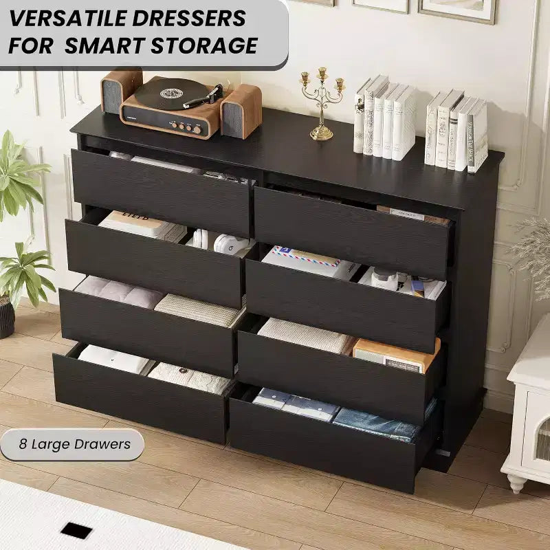 CuisinSmart Commode 8 tiroirs pour chambre à coucher, Commode avec tiroirs profonds, Commode horizontale en bois pour salon, couloir, chambre d'enfant