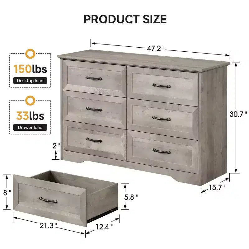 Commode à 5 ou 6 tiroirs, commode de style rustique avec poignées en métal, organiseur de rangement moderne avec dispositif anti-basculement, commode haute en bois