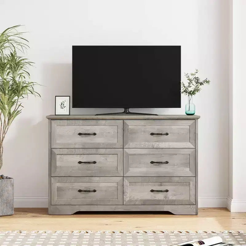 Commode à 5 ou 6 tiroirs, commode de style rustique avec poignées en métal, organiseur de rangement moderne avec dispositif anti-basculement, commode haute en bois