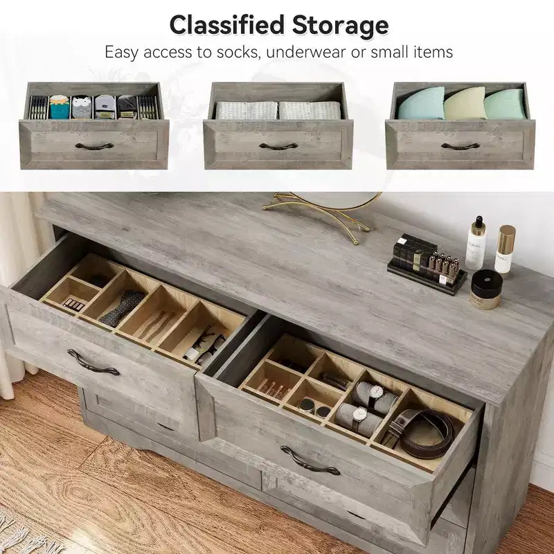 Commode à 5 ou 6 tiroirs, commode de style rustique avec poignées en métal, organiseur de rangement moderne avec dispositif anti-basculement, commode haute en bois