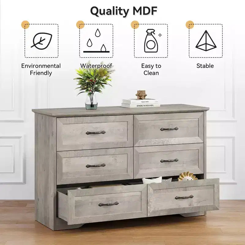 Commode à 5 ou 6 tiroirs, commode de style rustique avec poignées en métal, organiseur de rangement moderne avec dispositif anti-basculement, commode haute en bois