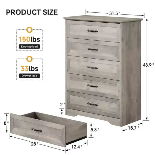 Commode à 5 ou 6 tiroirs, commode de style rustique avec poignées en métal, organiseur de rangement moderne avec dispositif anti-basculement, commode haute en bois