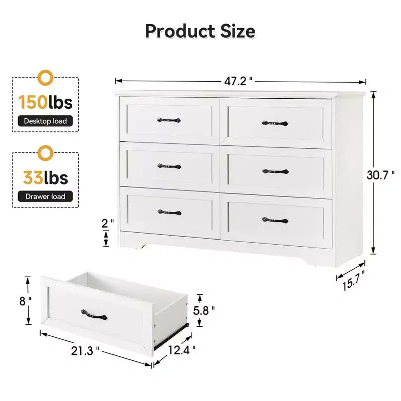 Commode à 5 ou 6 tiroirs, commode de style rustique avec poignées en métal, organiseur de rangement moderne avec dispositif anti-basculement, commode haute en bois