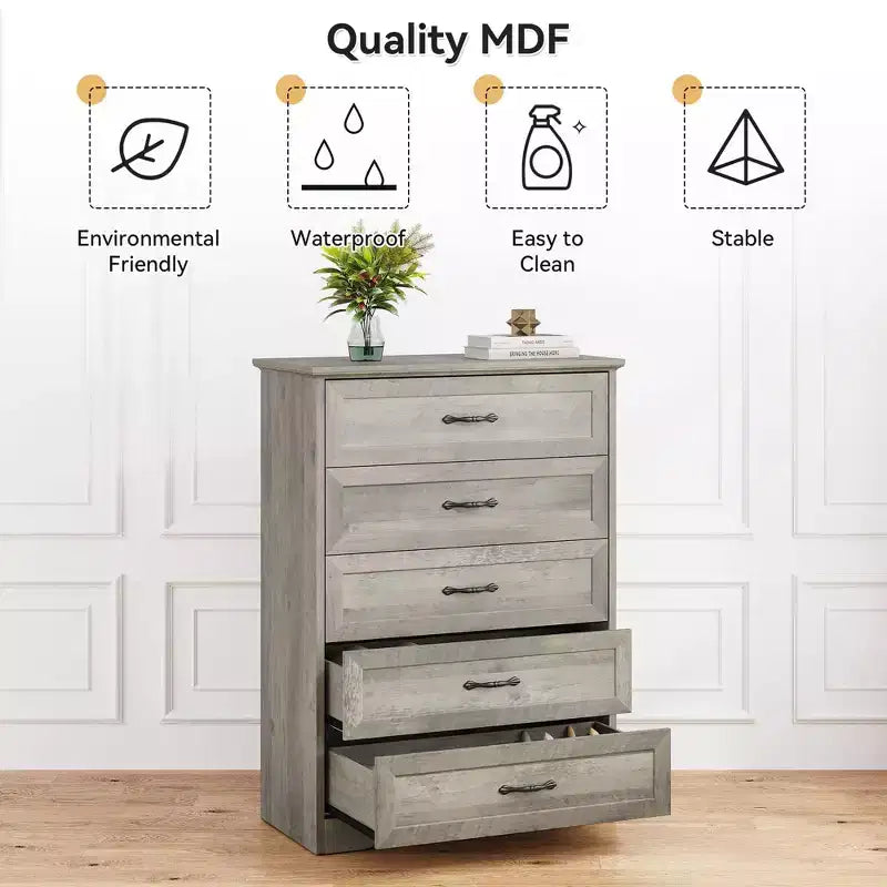 Commode à 5 ou 6 tiroirs, commode de style rustique avec poignées en métal, organiseur de rangement moderne avec dispositif anti-basculement, commode haute en bois