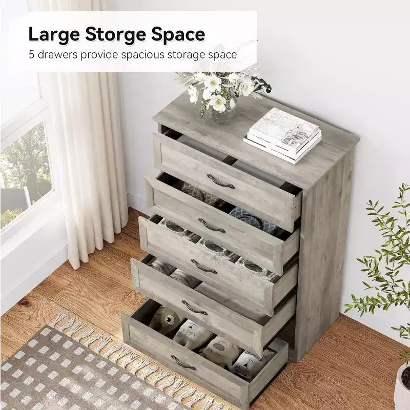 Commode à 5 ou 6 tiroirs, commode de style rustique avec poignées en métal, organiseur de rangement moderne avec dispositif anti-basculement, commode haute en bois