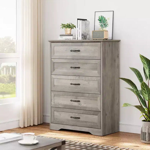 5/6 Drawer Dresser, Farmhouse Chest of Drawer with Metal Handles, Modern Storage Organizer with Anti-Collapse Design, Wooden Tall Dresser
