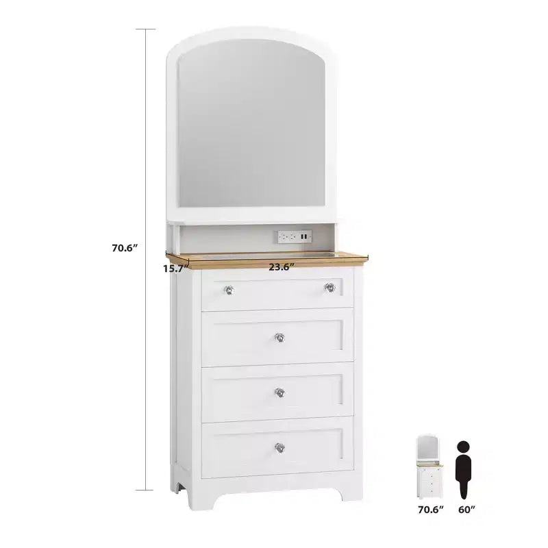 Zstar White Drawer Dresser with Mirro and LED Strip, 4 Drawer Cabinet with Cristal Knobs, Modern Makeup Vanity Table for Small Space