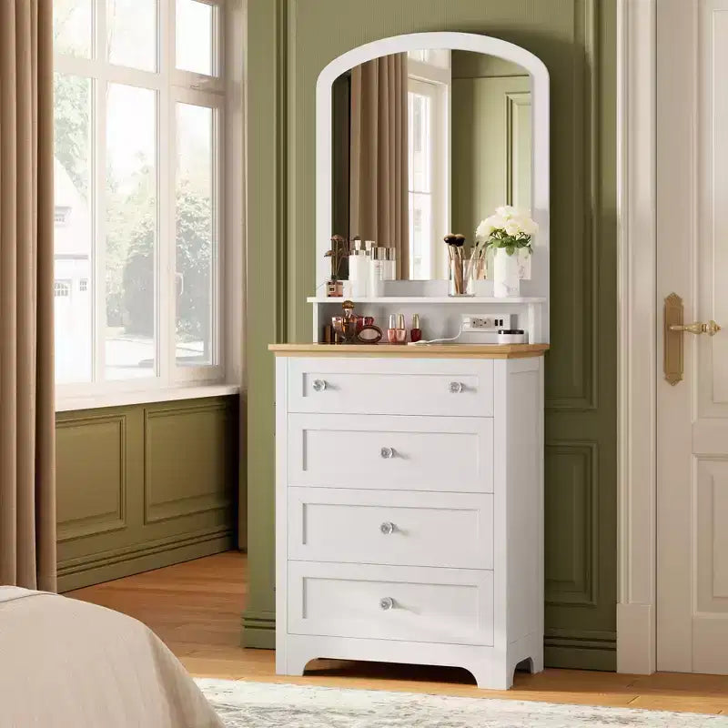 Commode Zstar blanche avec miroir et bande LED, meuble à 4 tiroirs avec poignées en cristal, coiffeuse moderne pour petits espaces