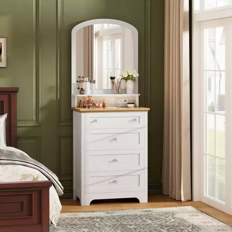 Commode Zstar blanche avec miroir et bande LED, meuble à 4 tiroirs avec poignées en cristal, coiffeuse moderne pour petits espaces