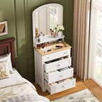 Commode Zstar blanche avec miroir et bande LED, meuble à 4 tiroirs avec poignées en cristal, coiffeuse moderne pour petits espaces