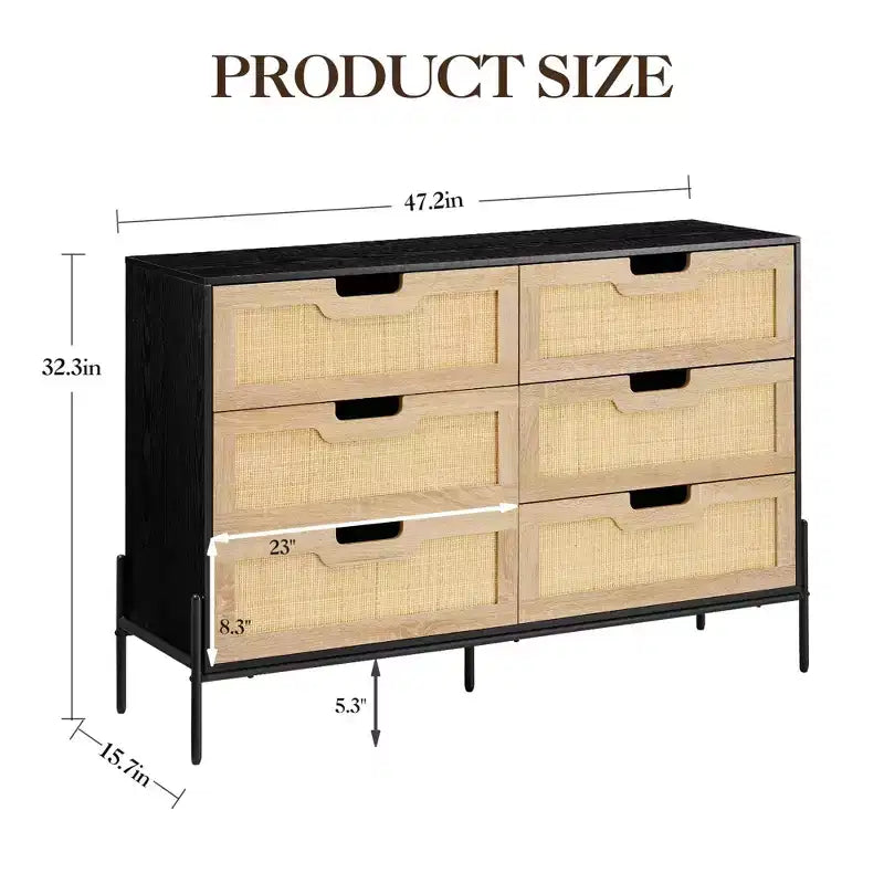 Commode en rotin naturel à 6 tiroirs, commode en bois, armoire de rangement de style ferme avec pieds en métal, commode moderne
