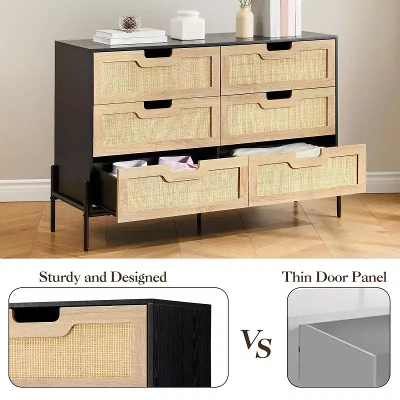 Commode en rotin naturel à 6 tiroirs, commode en bois, armoire de rangement de style ferme avec pieds en métal, commode moderne
