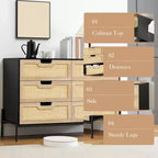 Commode en rotin naturel à 6 tiroirs, commode en bois, armoire de rangement de style ferme avec pieds en métal, commode moderne