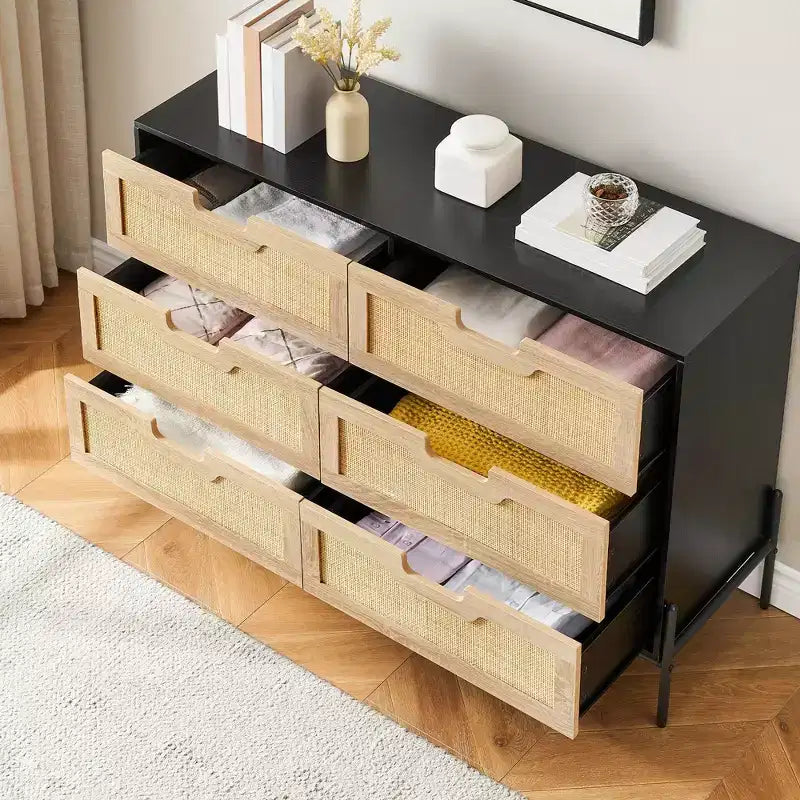 Commode en rotin naturel à 6 tiroirs, commode en bois, armoire de rangement de style ferme avec pieds en métal, commode moderne