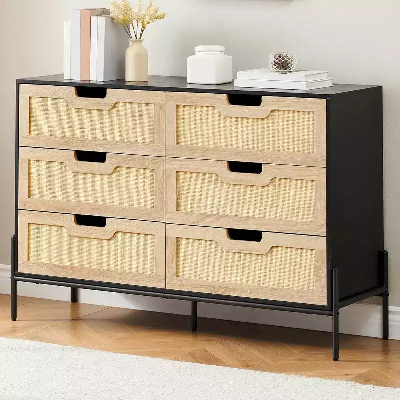 Commode en rotin naturel à 6 tiroirs, commode en bois, armoire de rangement de style ferme avec pieds en métal, commode moderne