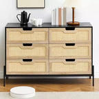 Commode en rotin naturel à 6 tiroirs, commode en bois, armoire de rangement de style ferme avec pieds en métal, commode moderne