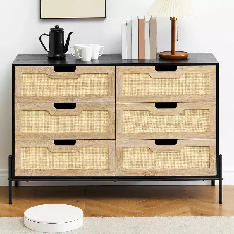 Commode en rotin naturel à 6 tiroirs, commode en bois, armoire de rangement de style ferme avec pieds en métal, commode moderne