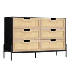 Commode en rotin naturel à 6 tiroirs, commode en bois, armoire de rangement de style ferme avec pieds en métal, commode moderne