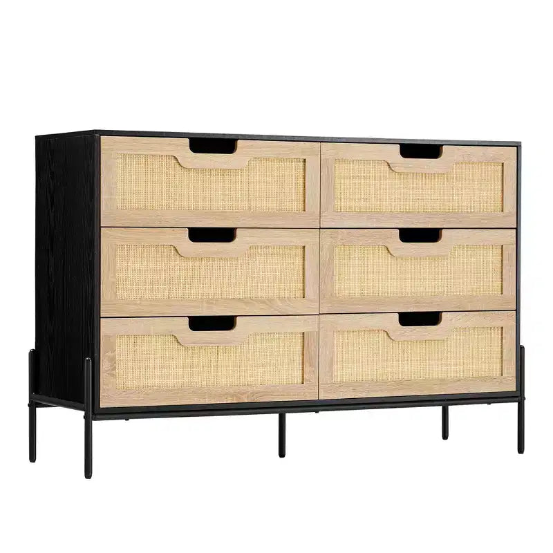 Commode en rotin naturel à 6 tiroirs, commode en bois, armoire de rangement de style ferme avec pieds en métal, commode moderne